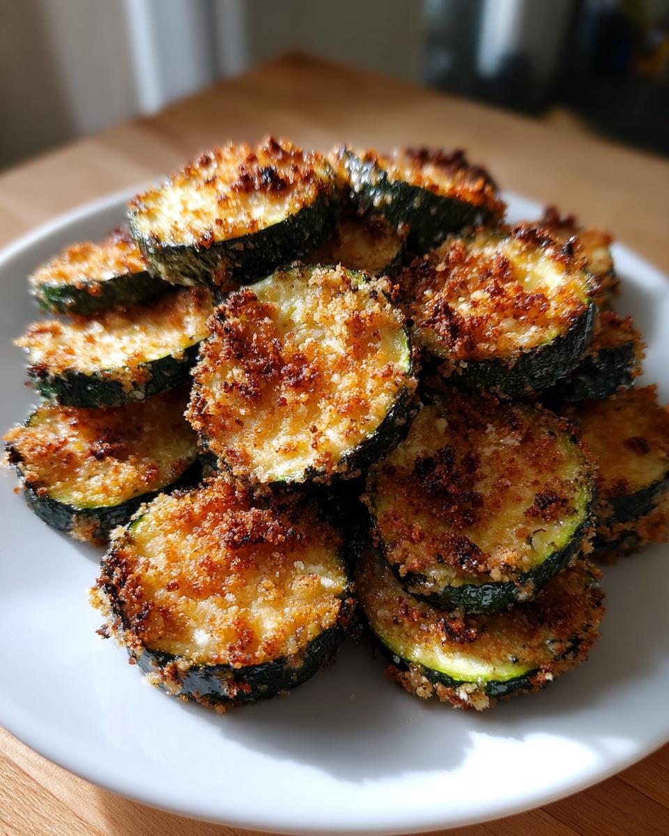 A close-up of golden brown, crispy baked parmesan zucchini slices piled high on a white plate.