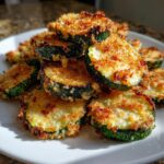A close-up stack of golden brown baked parmesan zucchini slices on a white plate.