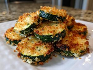 A pile of golden brown, crispy baked parmesan zucchini slices stacked on a white plate.