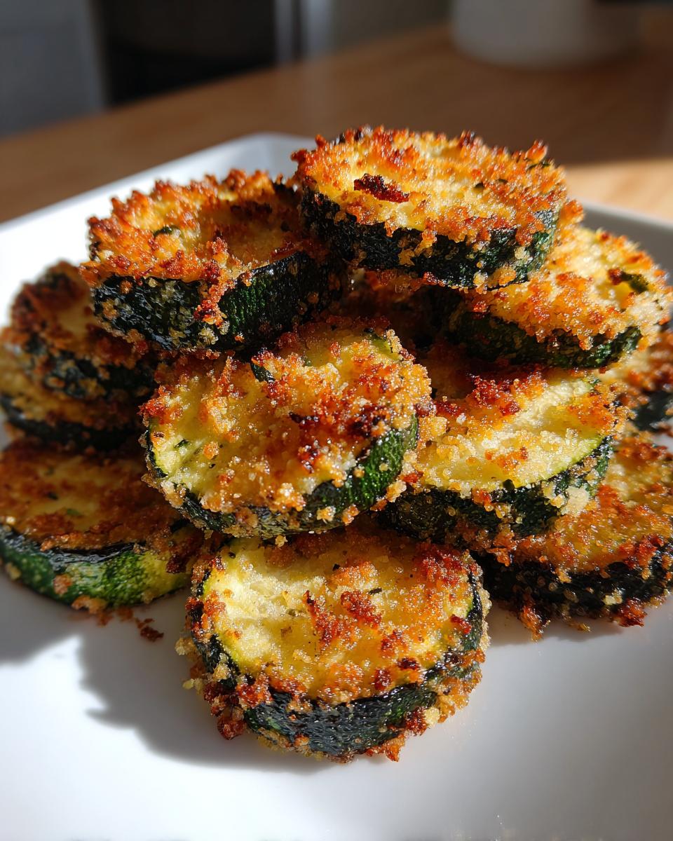 A close-up stack of golden brown, crispy baked parmesan zucchini slices on a white plate.