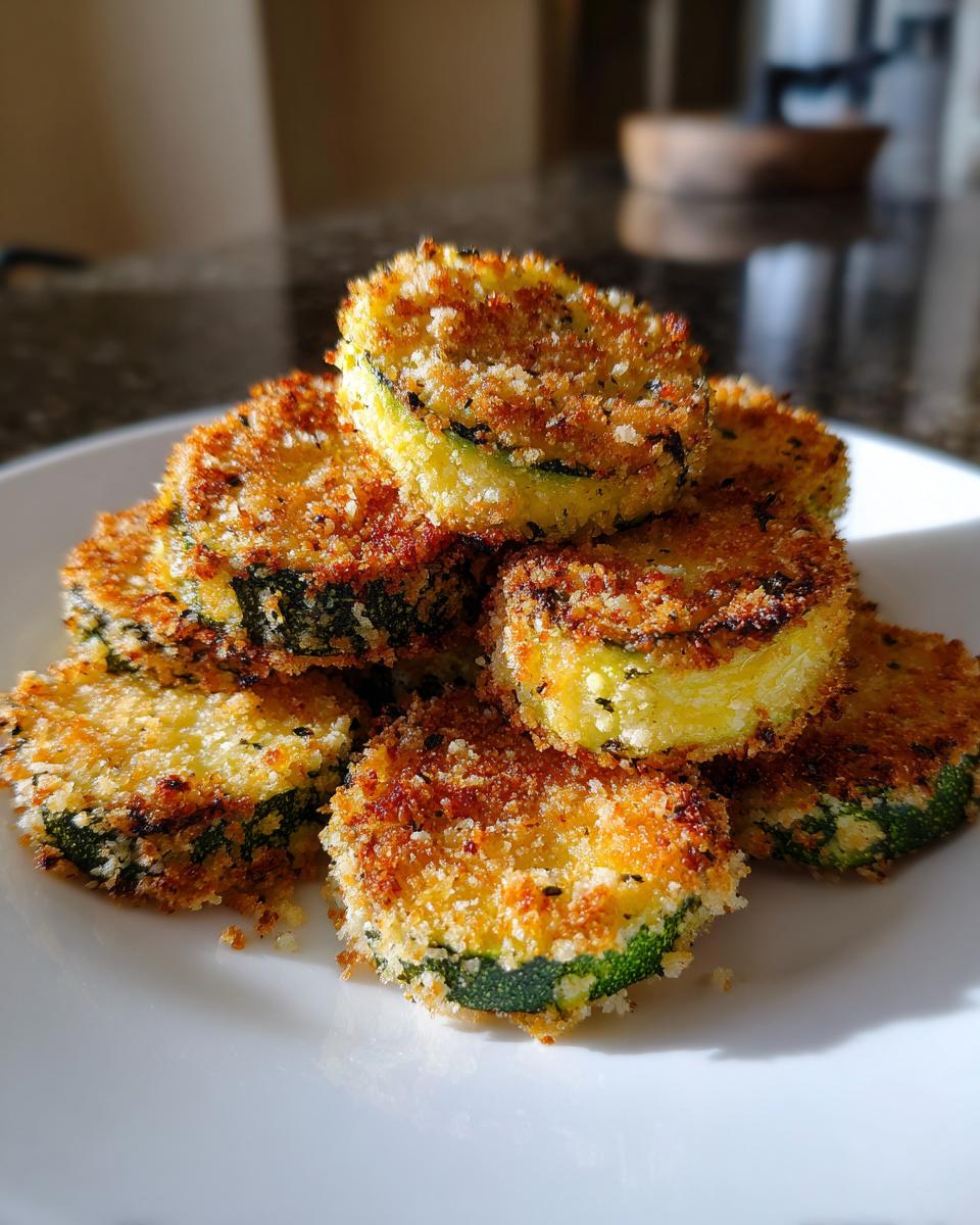 A stack of crispy, golden baked parmesan zucchini slices on a white plate.