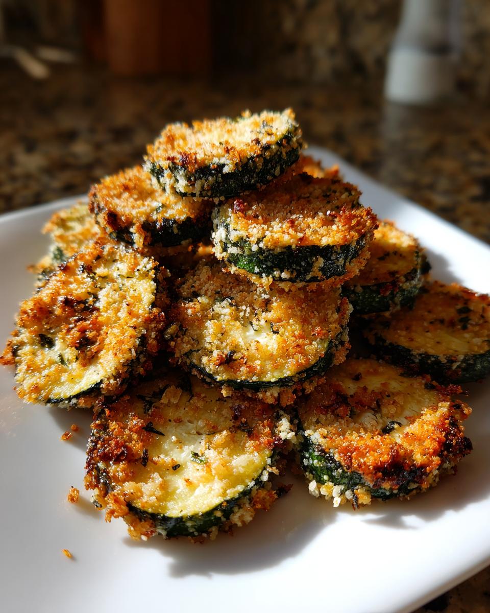 A stack of crispy, golden brown baked parmesan zucchini slices on a white plate.