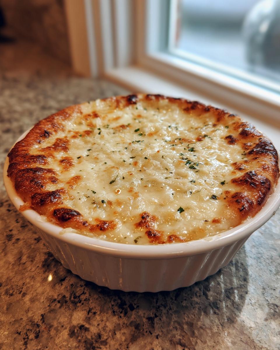 A small, round dish of bubbling, baked white pizza sauce topped with melted, browned cheese and parsley.