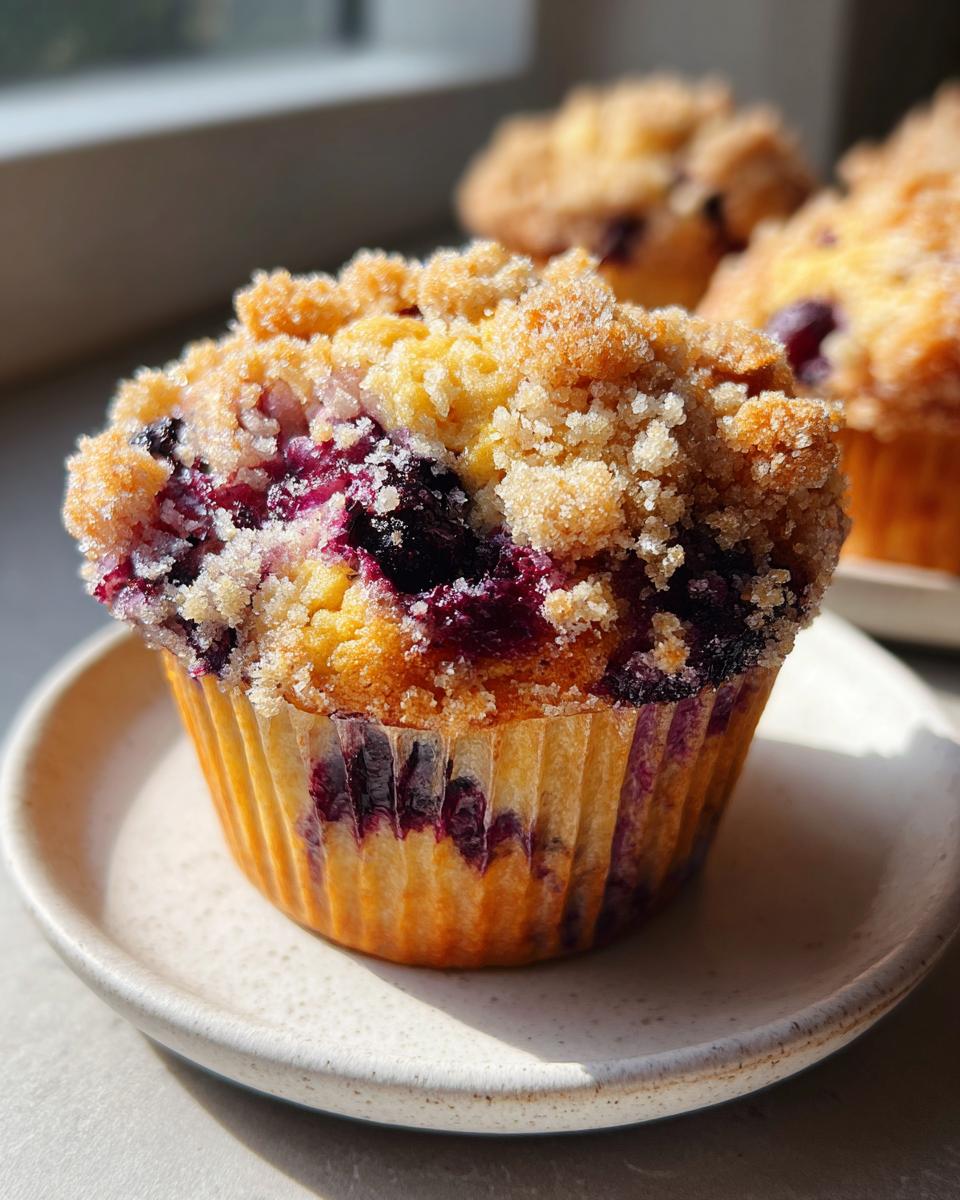 A close-up of a perfectly baked blueberry muffin topped with a sugary crumb topping, sitting on a small plate.