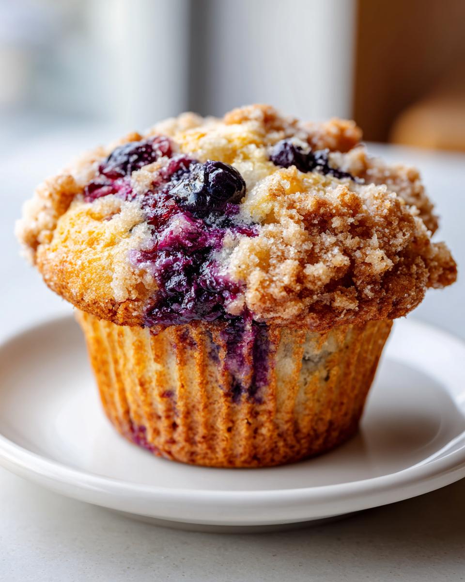 Close-up of a golden brown blueberry muffin with a sugary crumb topping and bursting blueberries.