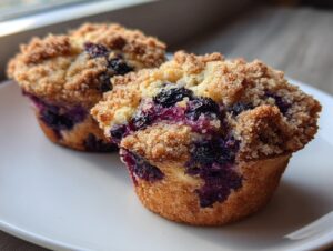 Two golden-brown blueberry muffins topped with a thick, sugary crumb topping, resting on a white plate.