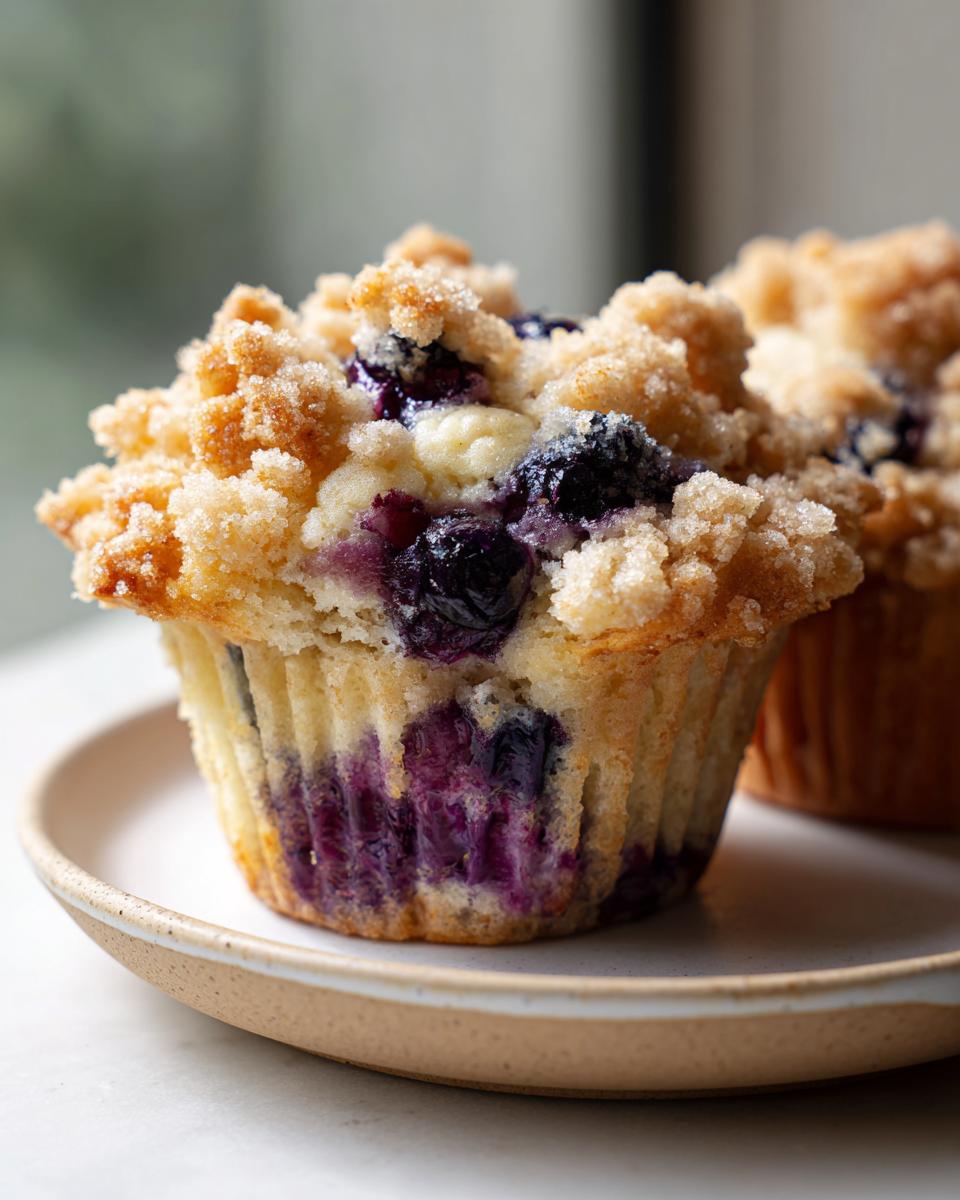 Close-up of a perfectly domed blueberry muffin with a generous, sugary crumb topping and visible bursts of purple blueberries.