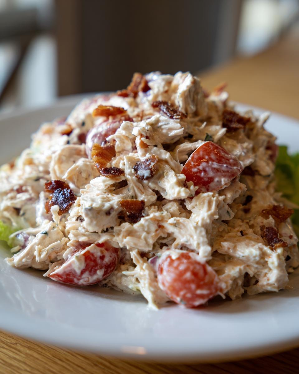 Close-up of a mound of creamy blt chicken salad mixed with chunks of tomato and crispy bacon pieces.