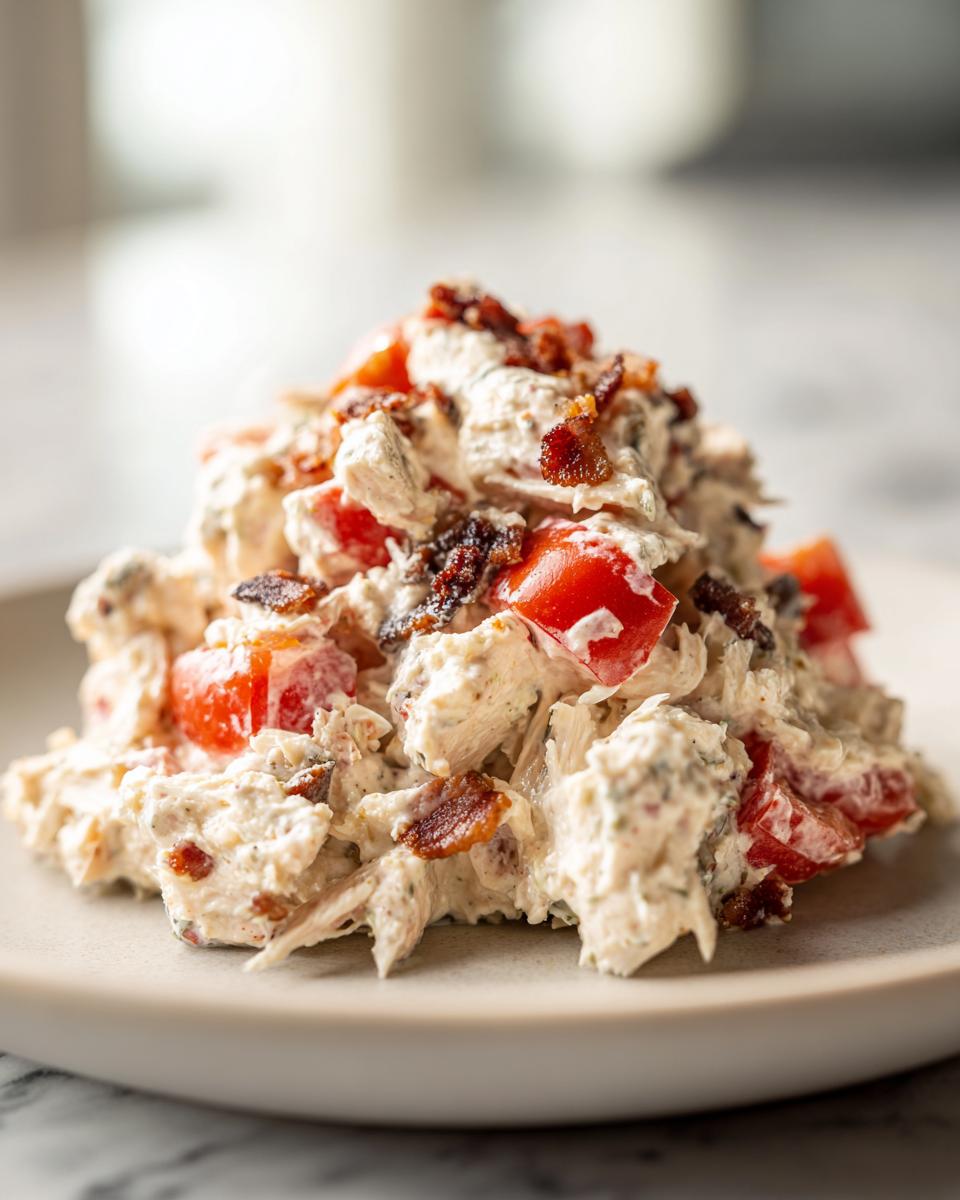 A mound of creamy BLT chicken salad featuring chunks of chicken, diced red tomatoes, and crispy bacon pieces on a light plate.
