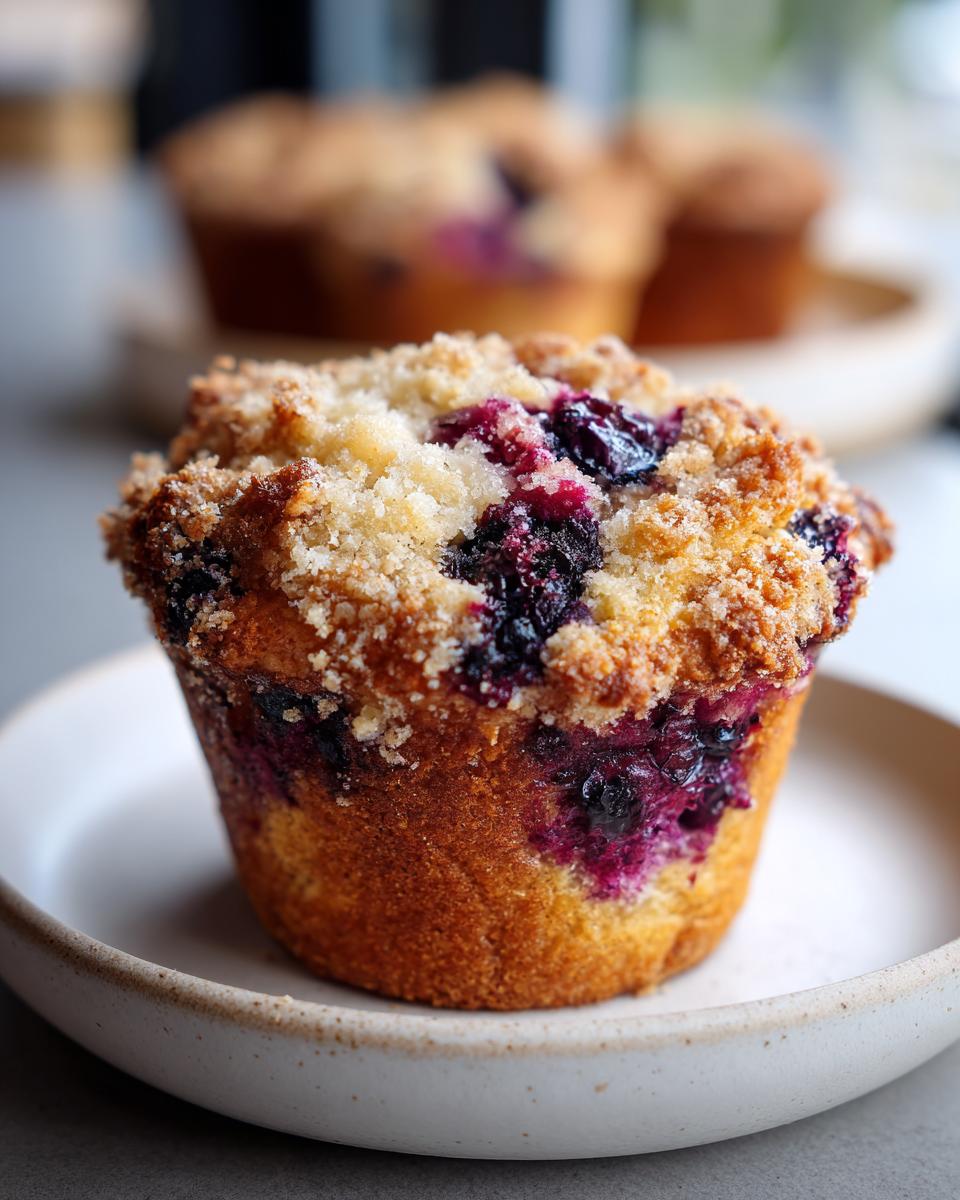 Close-up of a golden brown blueberry muffins with a thick, sugary crumb topping.