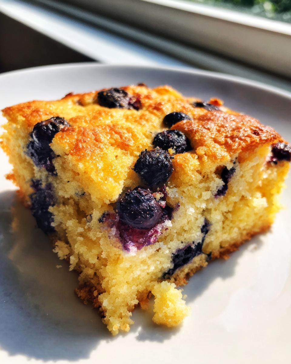 Close-up of a golden, fluffy slice of blueberry sheet pan pancakes on a white plate.