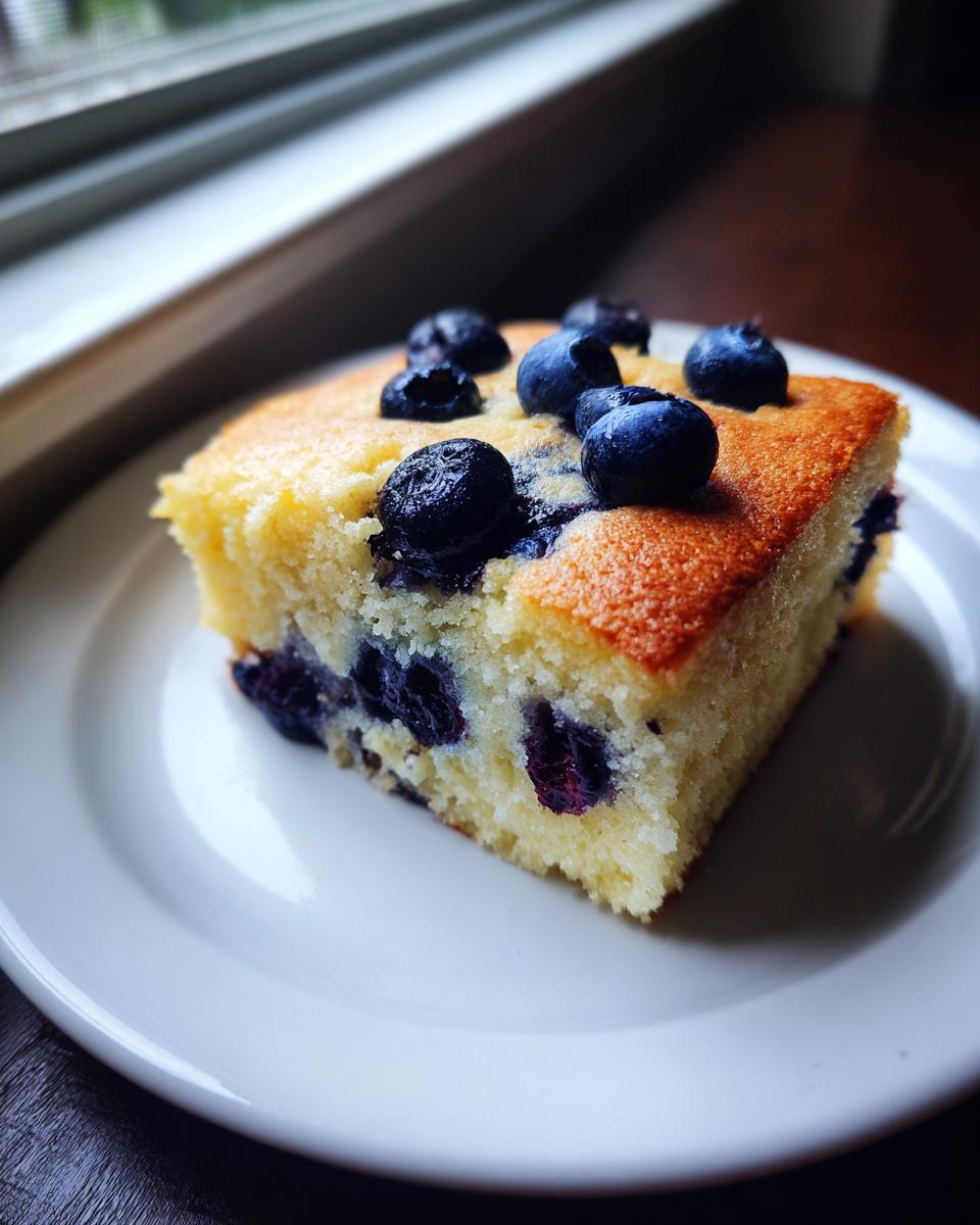 A square slice of golden blueberry sheet pan pancakes topped with fresh blueberries on a white plate.