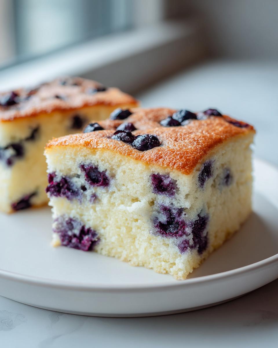 Close-up of a square slice of fluffy blueberry sheet pan pancakes on a white plate.
