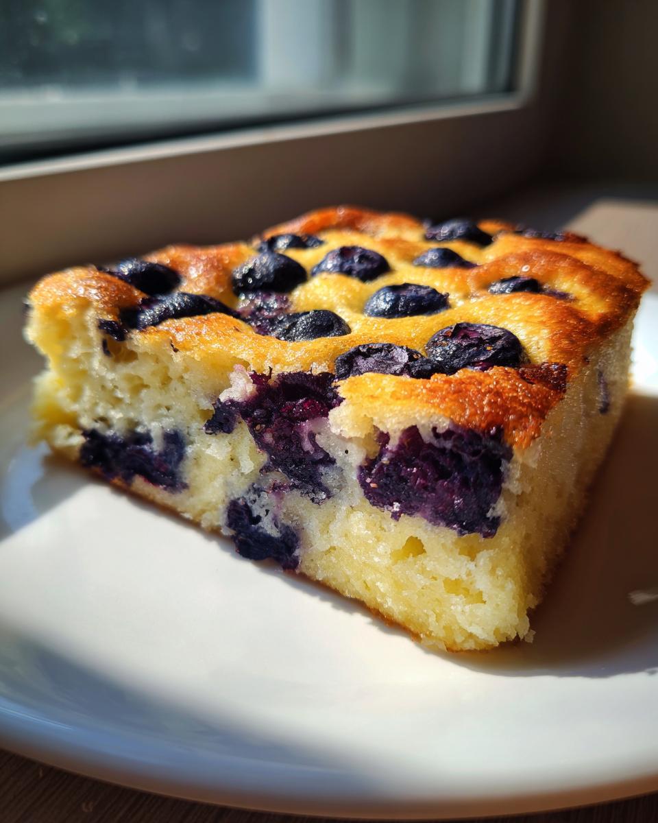 A square slice of fluffy blueberry sheet pan pancakes, baked golden brown, sitting on a white plate.