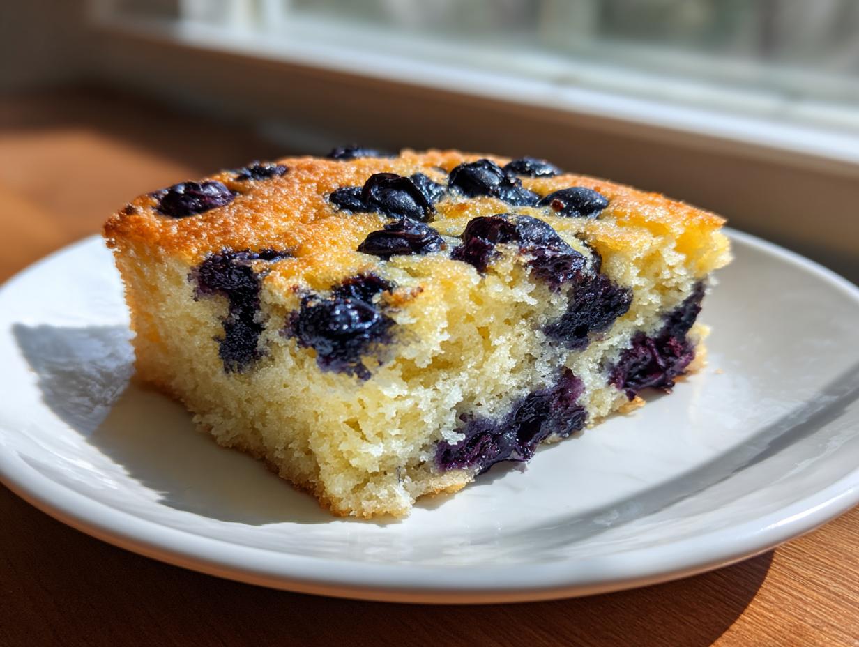 A square slice of thick, fluffy sheet pan pancakes loaded with blueberries, served on a white plate.