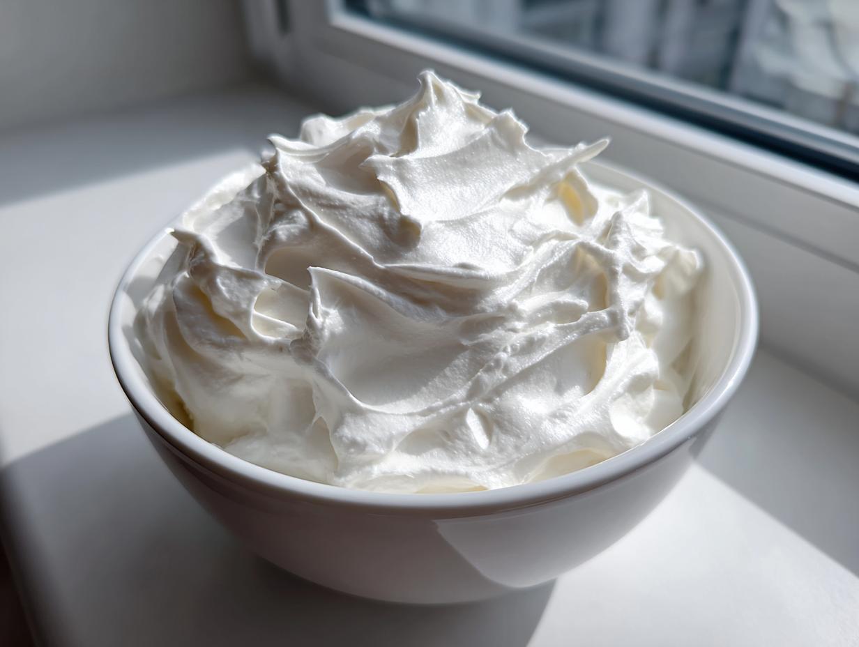 A white bowl filled with stiff, glossy, bright white royal icing recipe mixture, set near a window.