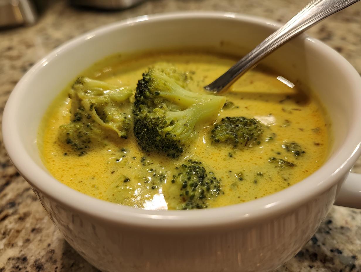 Close-up of a white bowl filled with rich, yellow broccoli cheddar soup featuring large florets of green broccoli.