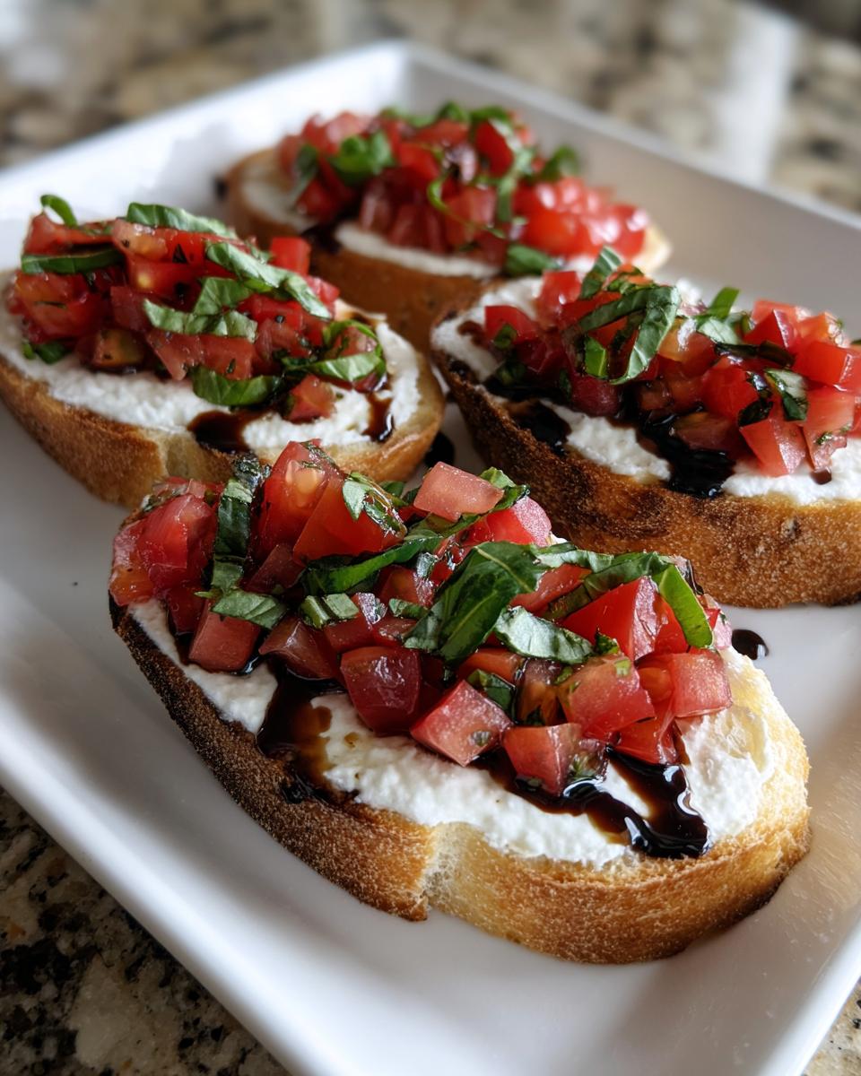 Four slices of toasted bread topped with creamy cheese, fresh tomato, basil, and balsamic glaze, resembling a bruschetta dip serving.