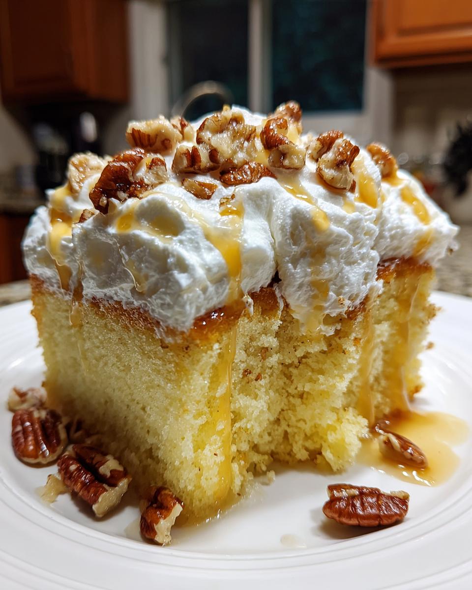A generous slice of butter pecan praline poke cake topped with whipped cream, caramel drizzle, and pecans.