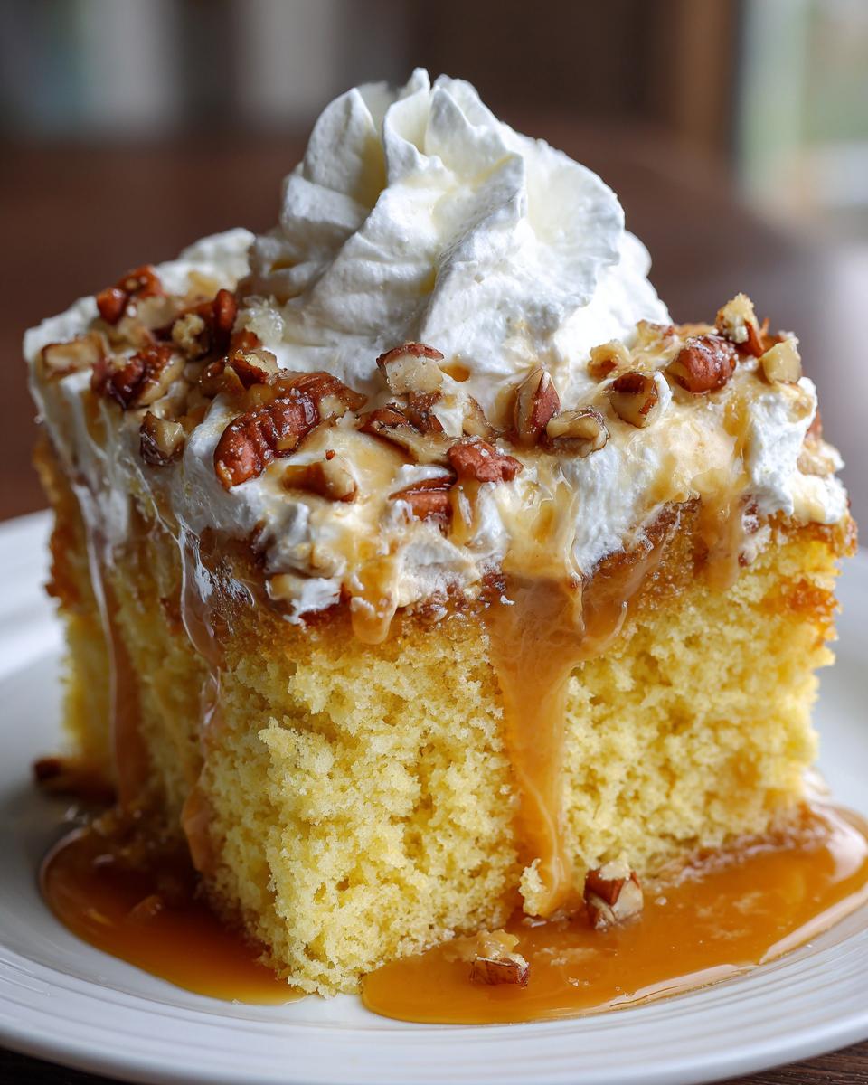 A close-up of a moist slice of butter pecan praline poke cake topped with whipped cream, pecans, and dripping caramel sauce.