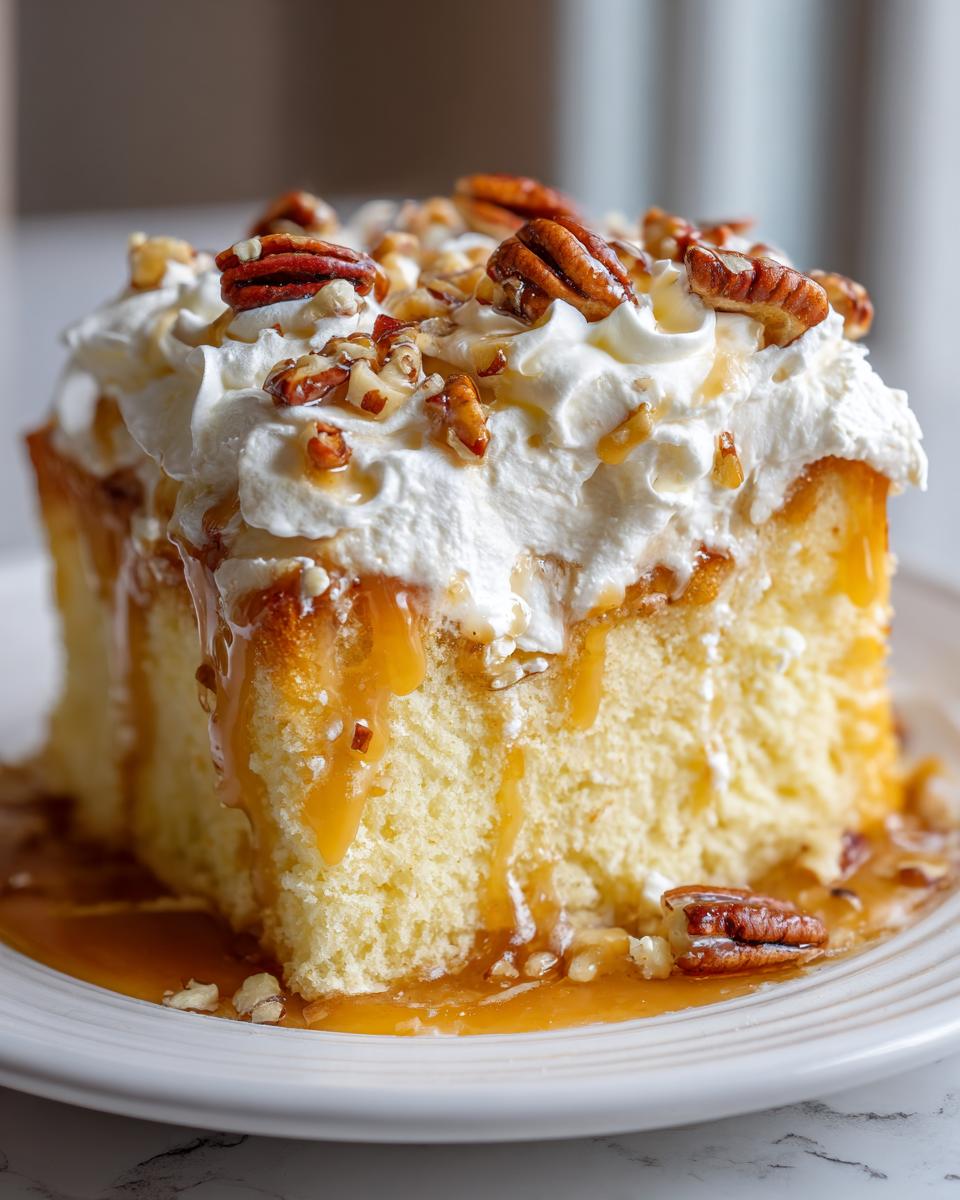 A close-up of a slice of butter pecan praline poke cake topped with whipped cream, pecans, and dripping caramel sauce.