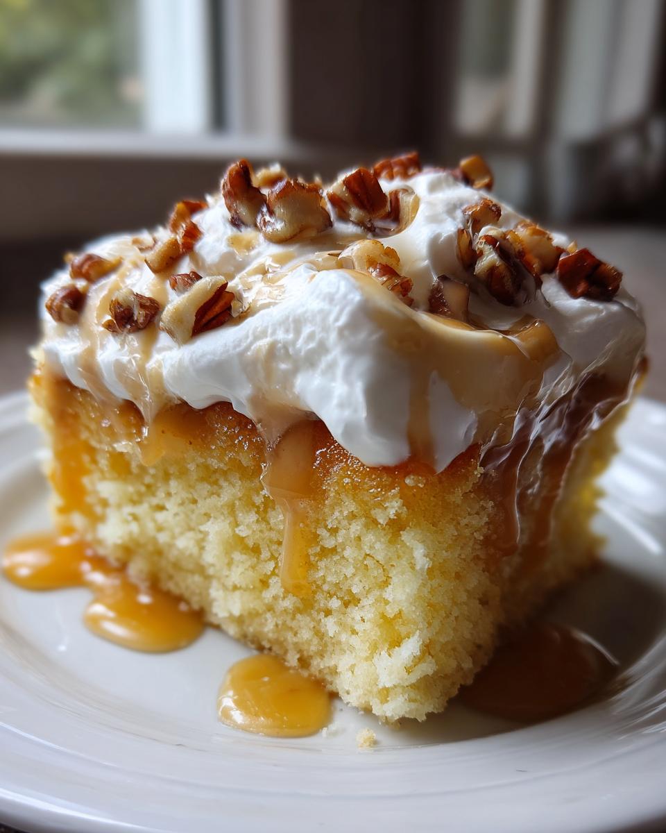 A close-up of one slice of butter pecan praline poke cake topped with whipped cream, caramel drizzle, and chopped pecans.