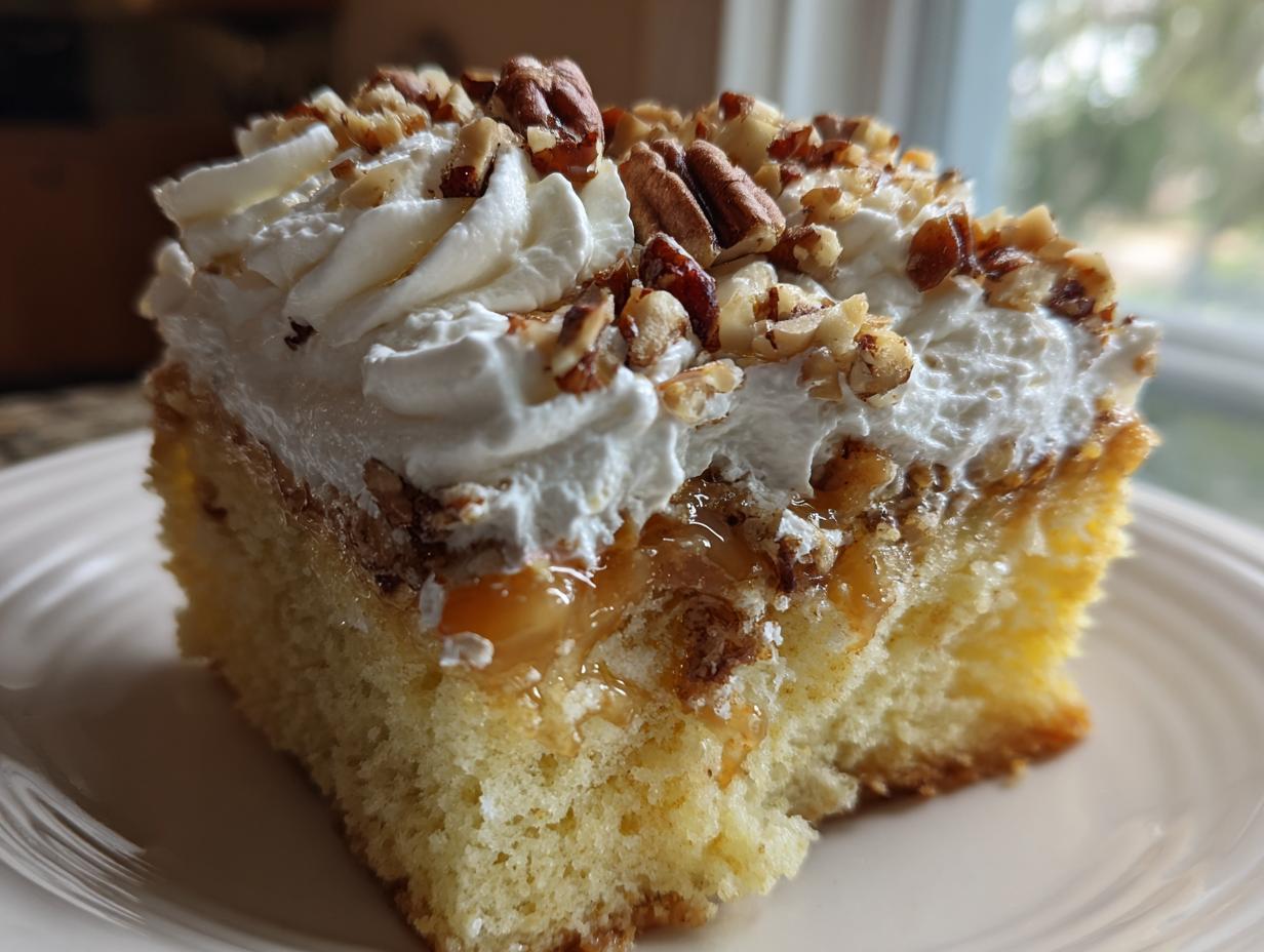 Close-up of a moist slice of butter pecan praline poke cake topped with whipped cream and chopped pecans.