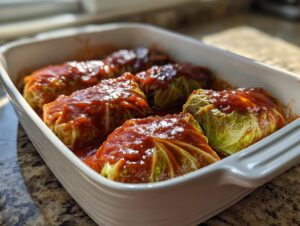 Close-up of several homemade cabbage rolls baked in a white dish covered with rich tomato sauce.