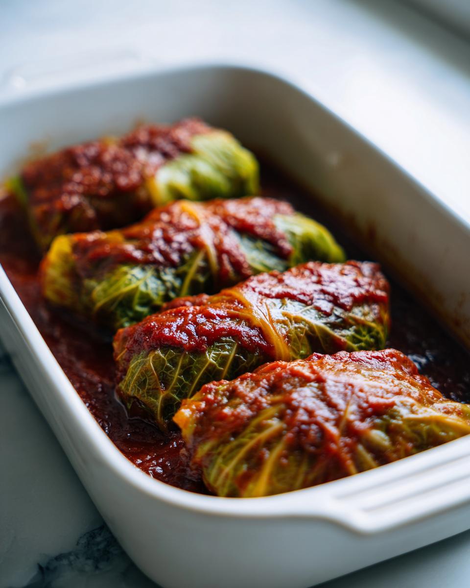 Four homemade cabbage rolls covered in rich tomato sauce baking in a white casserole dish.