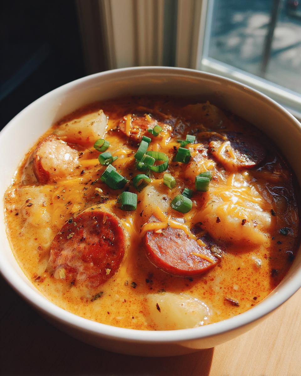 Close-up of a creamy bowl of Cajun potato soup topped with sliced sausage, melted cheese, and green onions.