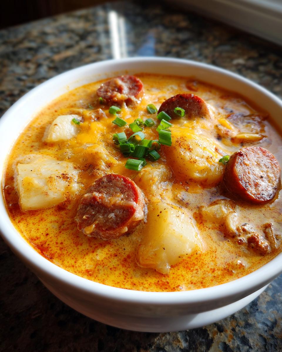 A close-up of a bowl of rich, creamy Cajun potato soup topped with slices of andouille sausage, melted cheese, and chives.