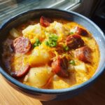 Close-up of a bowl of creamy Cajun potato soup topped with sliced andouille sausage, shredded cheddar, and green onions.