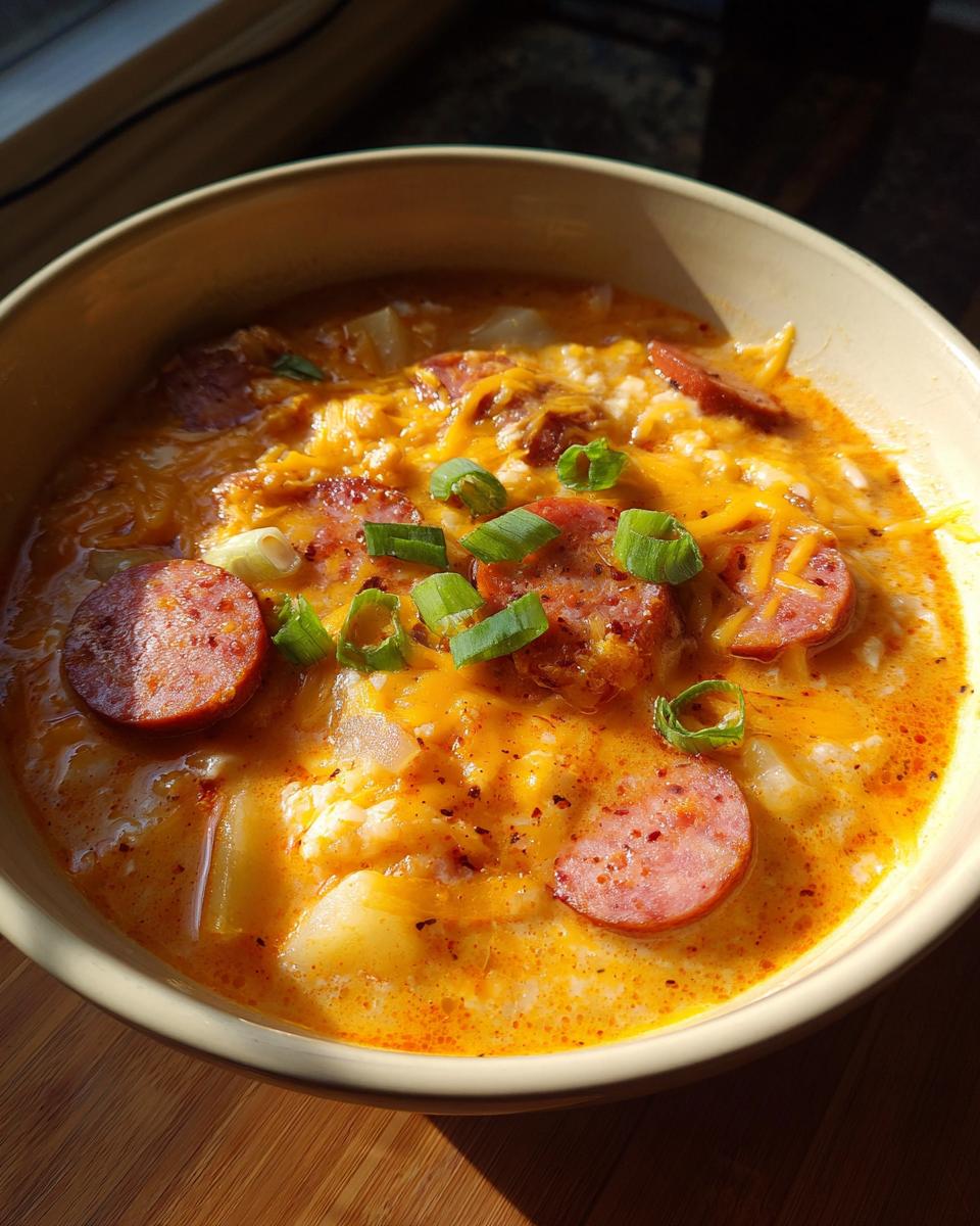 Close-up of a bowl of rich Cajun potato soup topped with melted cheddar cheese, sliced sausage, and green onions.
