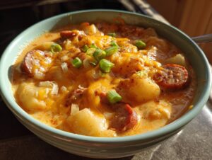A close-up of a rich bowl of Cajun potato soup topped with melted cheddar cheese, sliced sausage, and green onions.