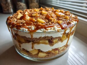 A layered caramel apple trifle featuring cream, spiced apples, and crumb topping, generously drizzled with caramel sauce.