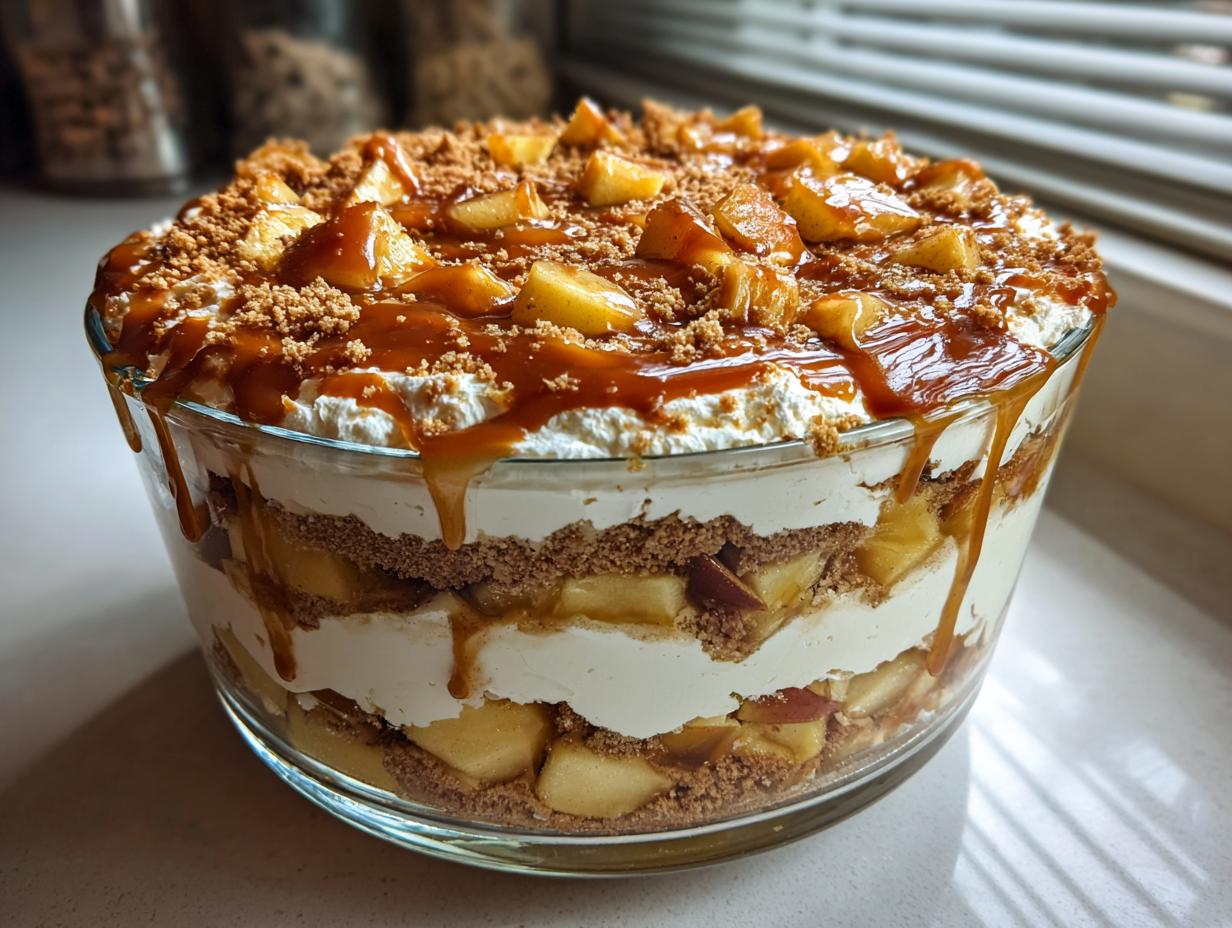 A layered caramel apple trifle featuring cream, spiced apples, and crumb topping, generously drizzled with caramel sauce.