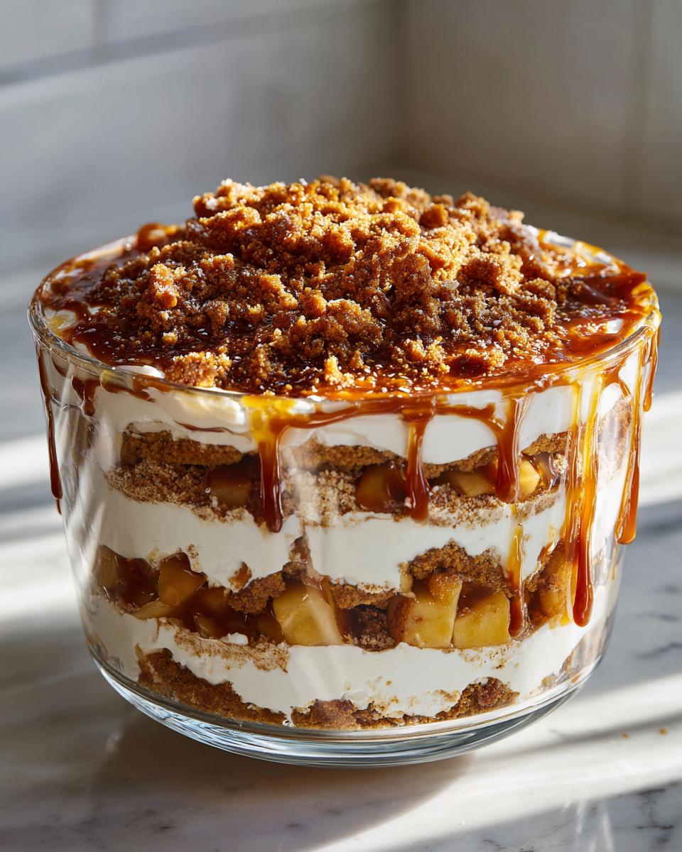 A close-up of a layered caramel apple trifle in a glass bowl, topped with crumble and drizzled with caramel sauce.