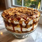 A large, layered caramel apple trifle in a glass pedestal bowl, topped with crumble and caramel drizzle.