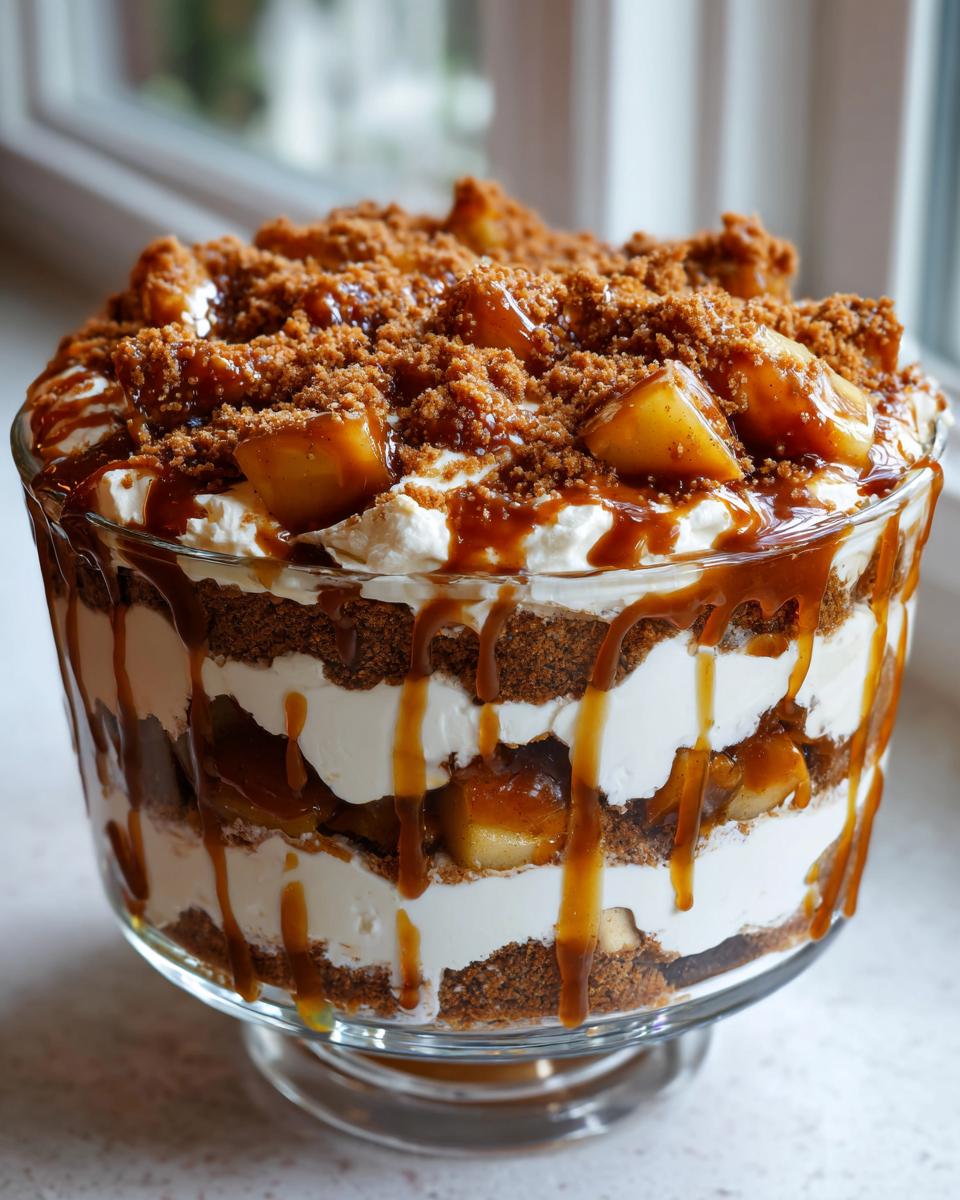 Close-up of a layered caramel apple trifle in a glass bowl, featuring cream, cake, apples, and caramel drizzle.