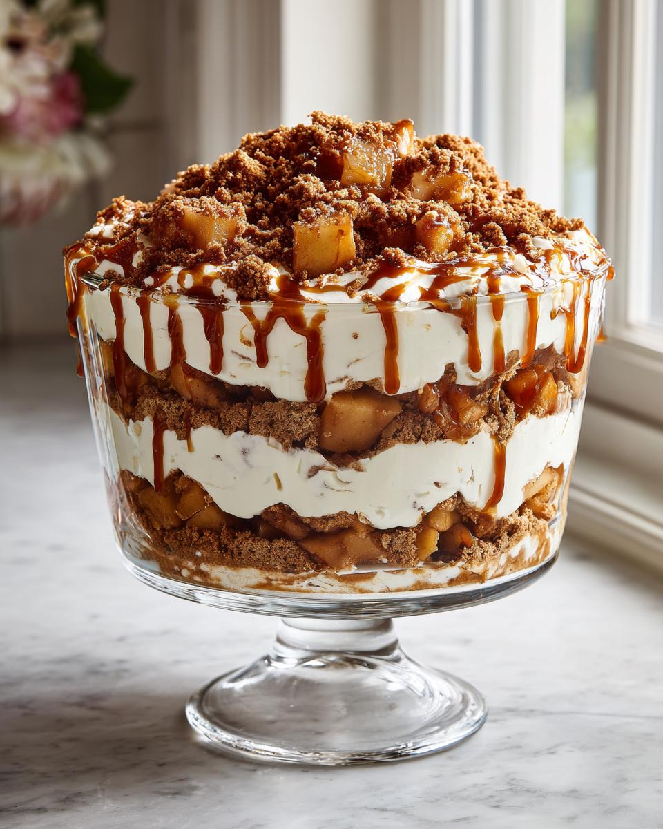 A layered caramel apple trifle featuring cream, cake/crumble, and spiced apples, drizzled heavily with caramel sauce.