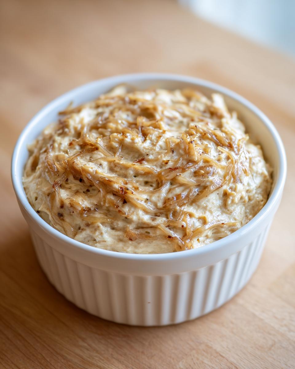 A close-up of creamy caramelized onion dip topped with golden caramelized onions, served in a white ribbed ramekin.