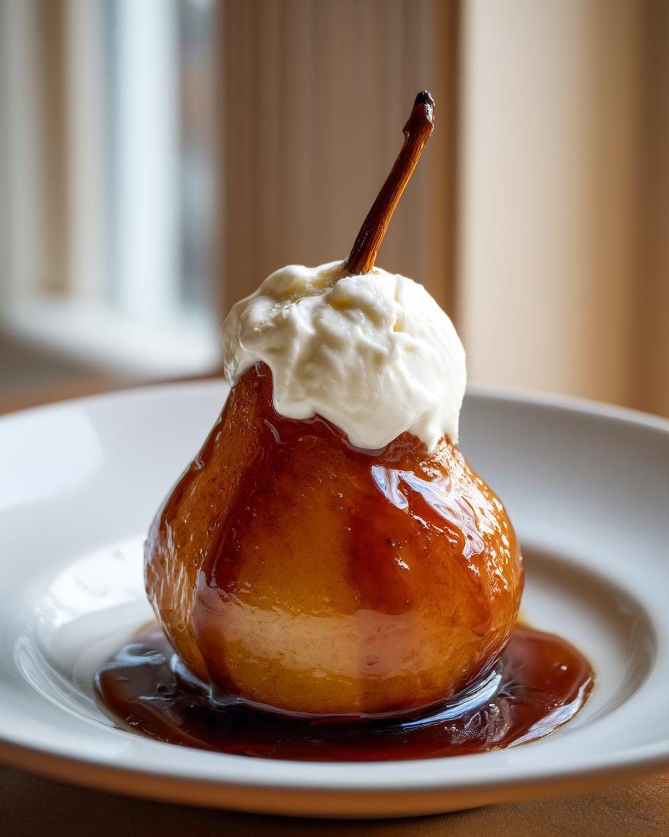 A single, beautifully caramelized poached pear topped with a dollop of white cream, served on a white plate.