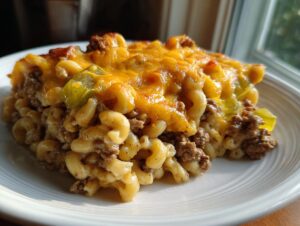 A close-up serving of cheeseburger casserole featuring elbow macaroni, ground beef, green peppers, and a thick layer of melted cheddar cheese.
