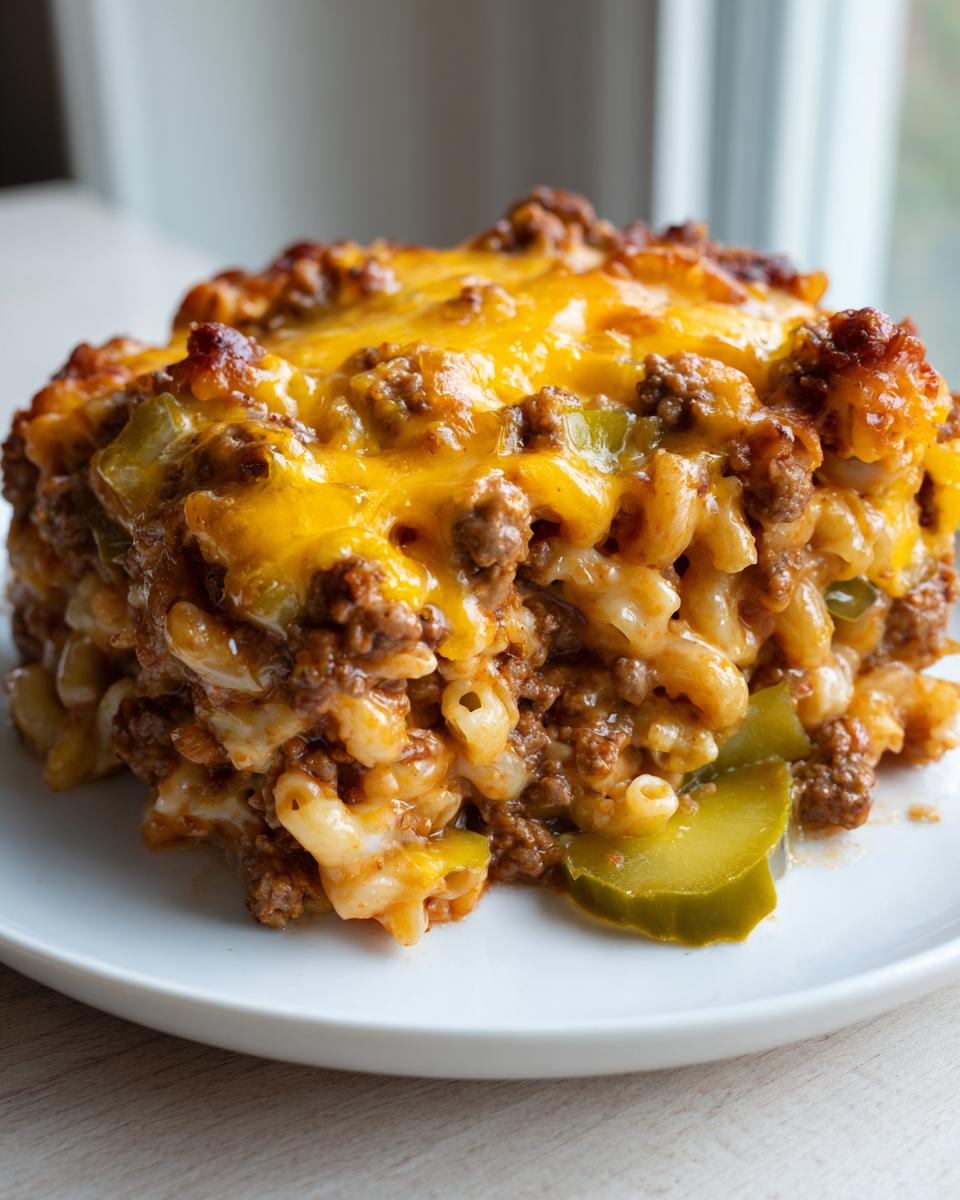 A close-up serving of cheeseburger casserole featuring macaroni, ground beef, melted cheddar cheese, and a pickle slice.