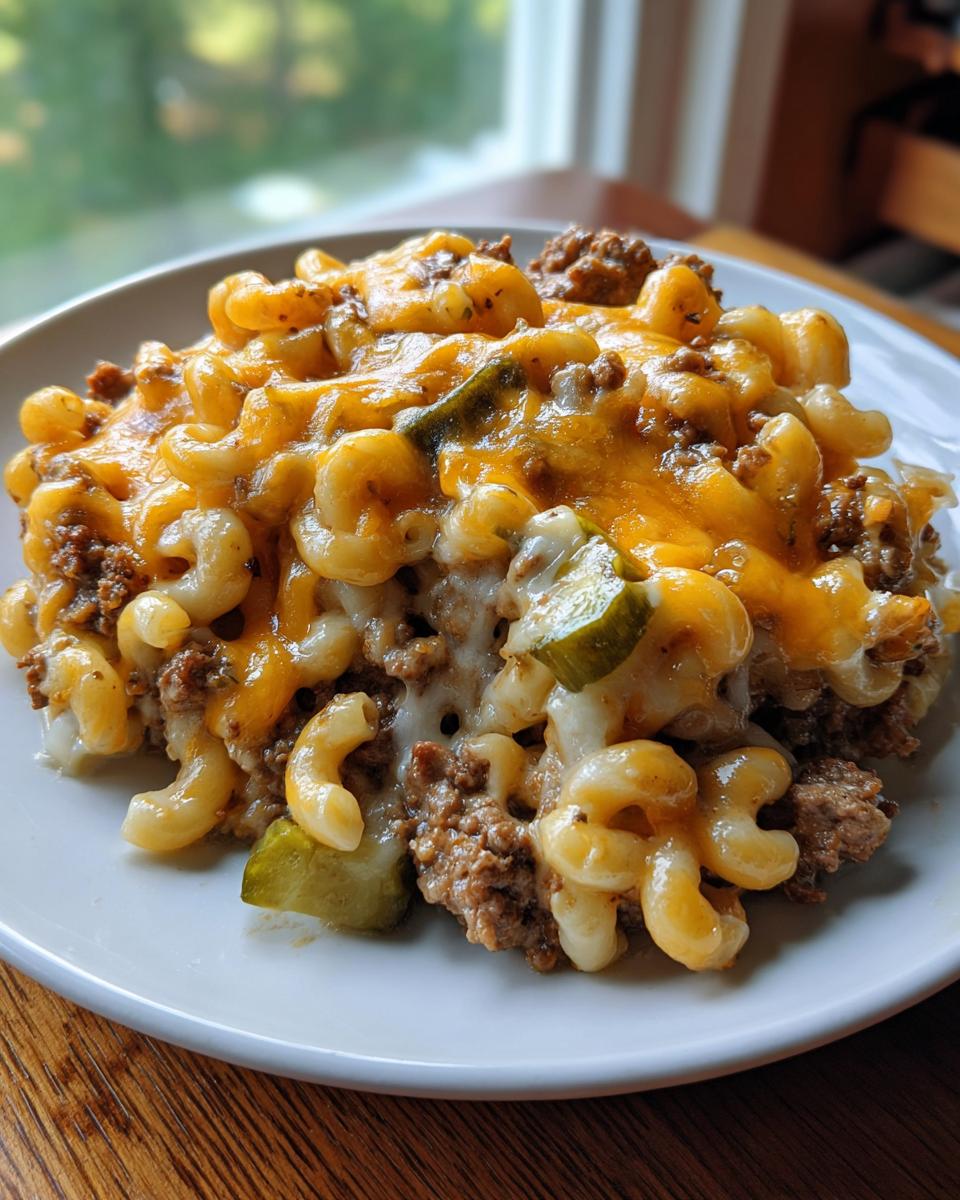 A close-up serving of cheeseburger casserole featuring elbow macaroni, ground beef, and melted cheddar cheese, topped with pickle slices.
