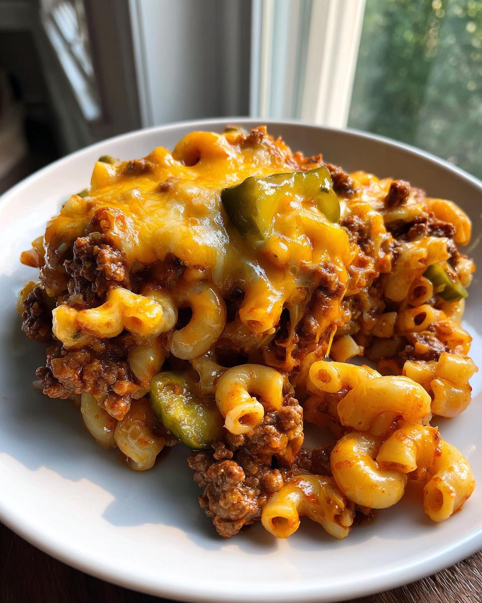 A close-up of a serving of cheeseburger casserole featuring elbow macaroni, ground beef, melted cheddar cheese, and pickle slices.