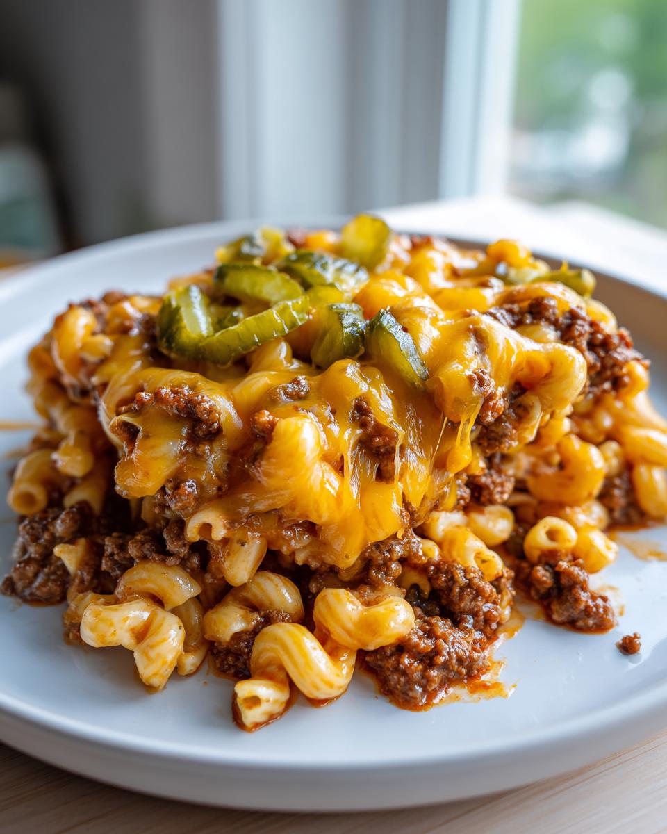 A generous serving of cheeseburger casserole featuring macaroni, ground beef, melted cheddar cheese, and pickle slices on top.