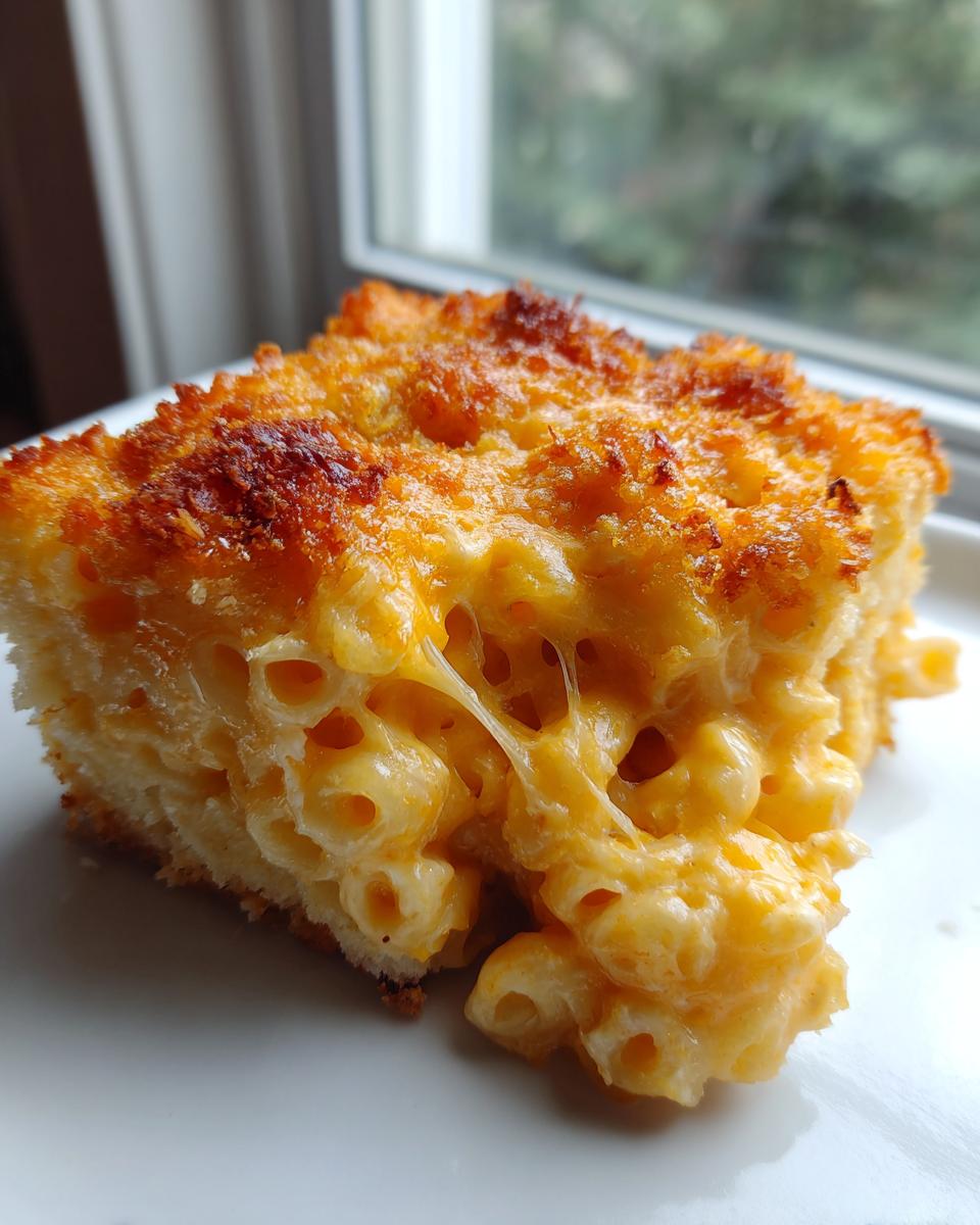 Close-up of a square serving of baked mac and cheese showing gooey cheese pulls and a golden, crispy topping.