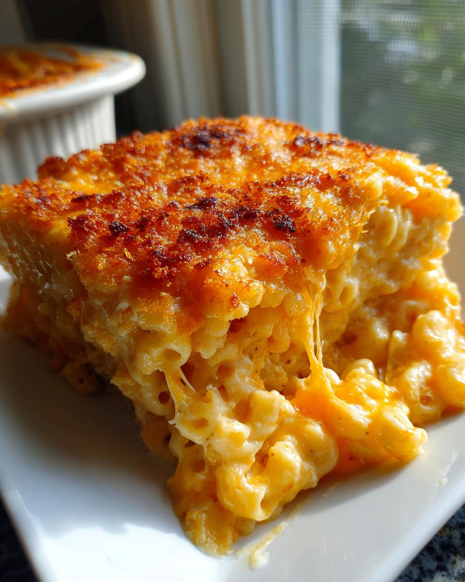 A close-up of a rich, cheesy slice of baked mac and cheese showing a golden, crispy top and gooey cheese pull.