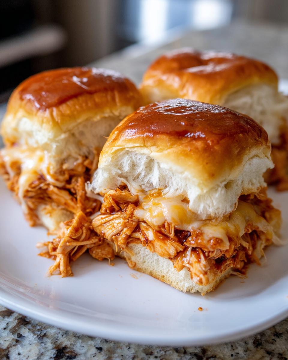 Three cheesy bbq chicken sliders piled high with shredded chicken and melted cheese on soft rolls.